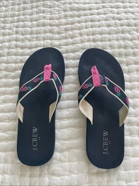 J. Crew Black Flip Flop Sandals with Pink Pineapple Embroidery